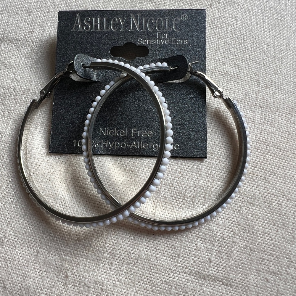 Silver and White Beaded Hoop Earrings